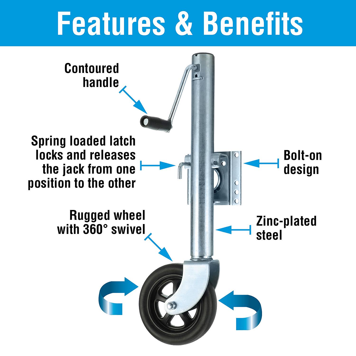 Foldup Boat Trailer Jack, 8in Wheel, 1,500 lbs Max Load