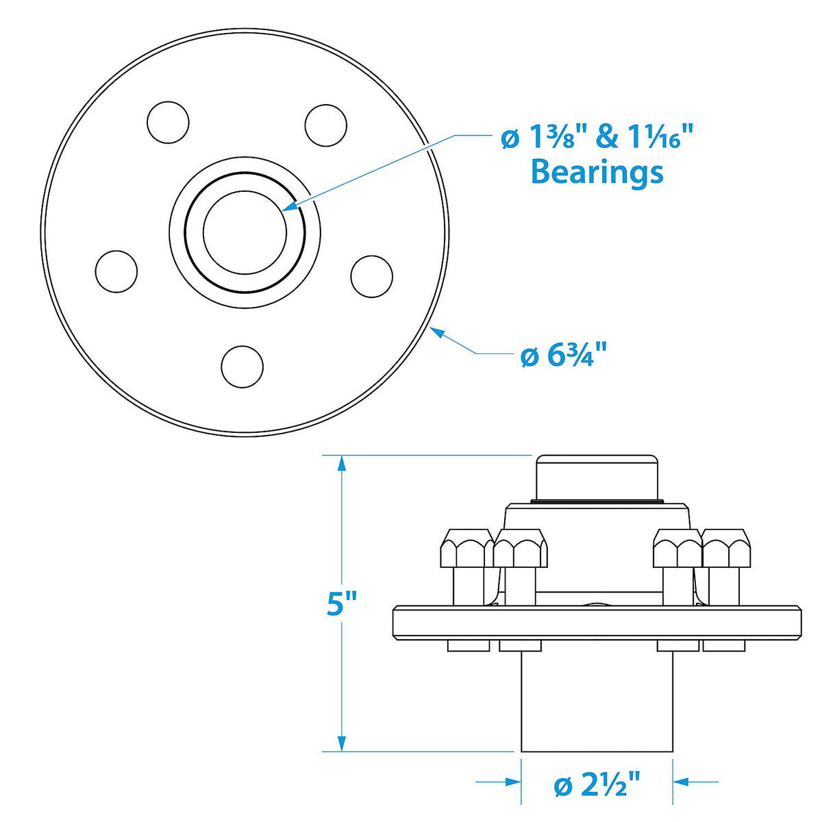 Galvanized Trailer Wheel Hub, 1-3/8in x 1-1/16in x 5 Lug UHI