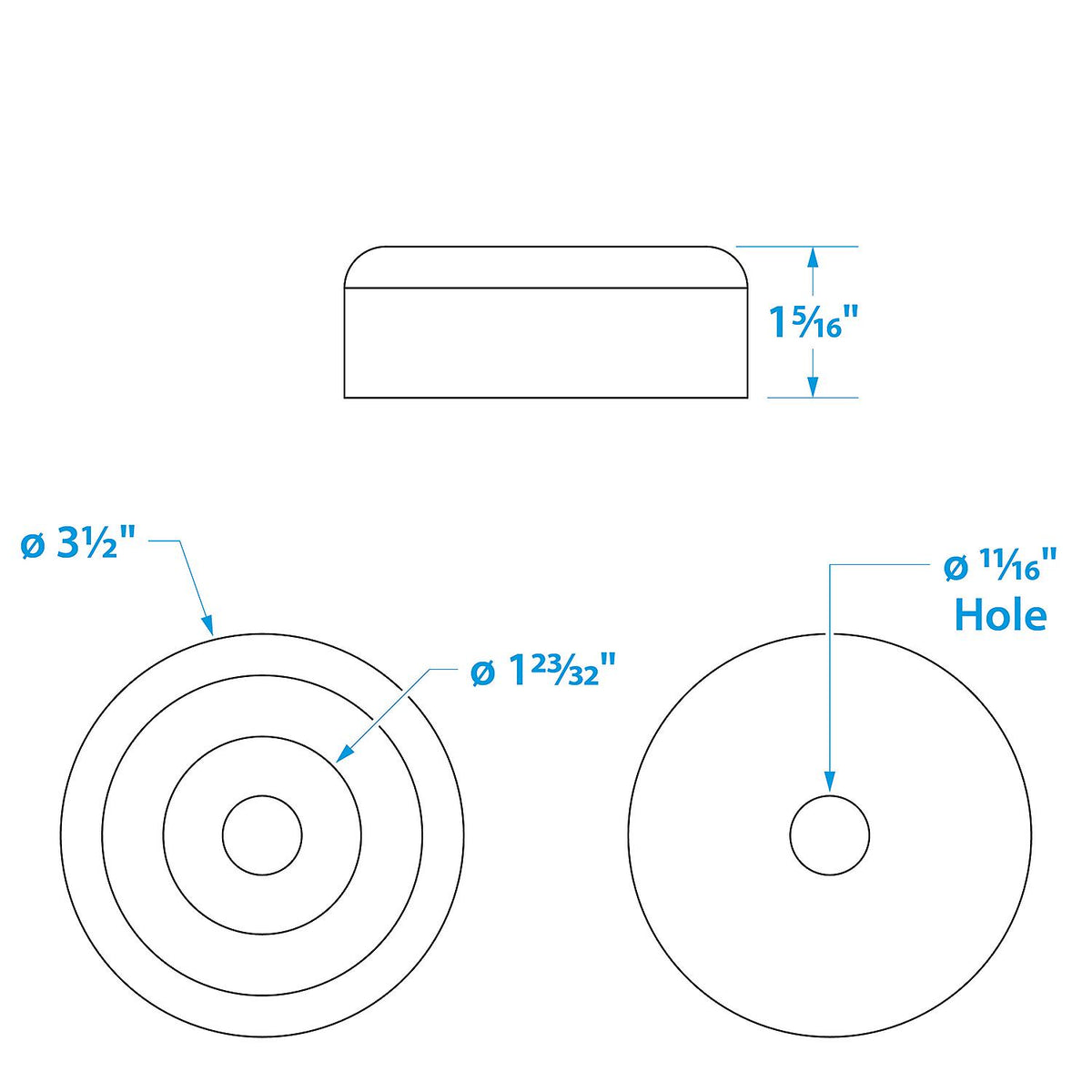 Black Rubber Roller End Cap, 3-1/2in x 1-5/16in w/ 11/16in ID