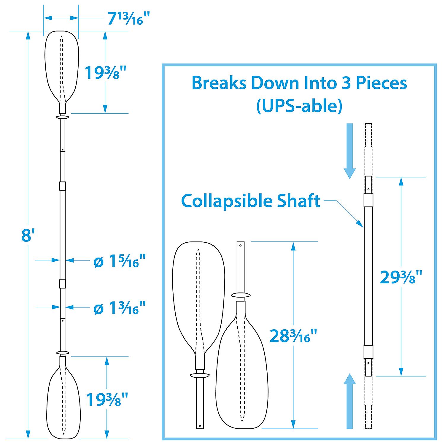 3-Piece Straight-Blade Kayak Paddle, UPS-able, 8ft